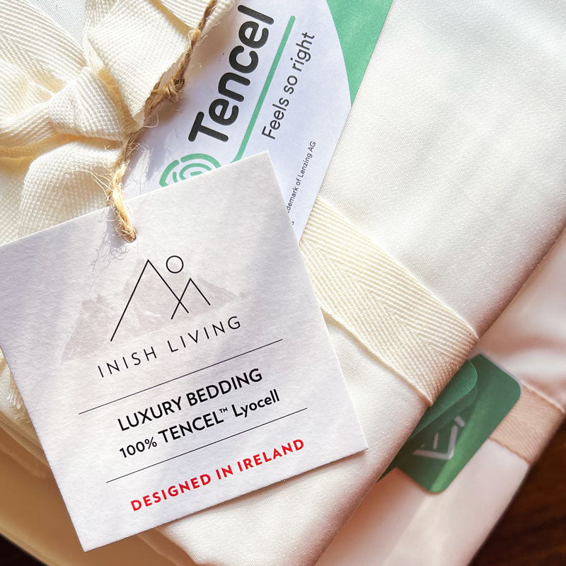 Bed linen bundle with a label saying Inish Living Luxury Bedding 100% TENCEL Lyocell. Designed in Ireland